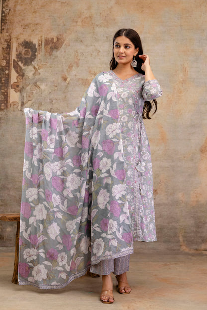 Pure Cotton Hand Work Angrakha Floral Kurta Pant Dupatta Set