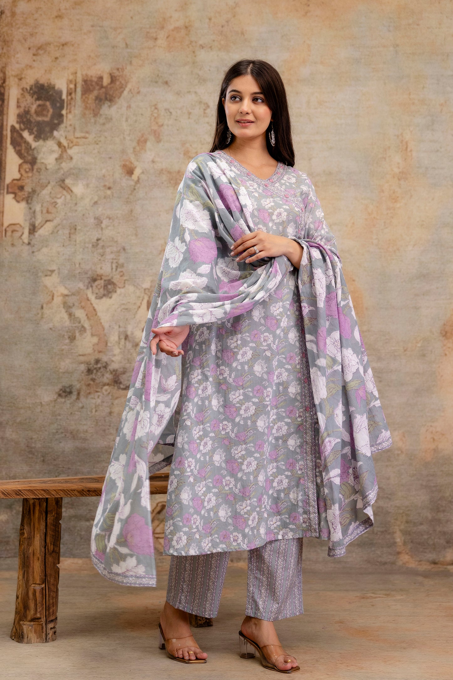 Pure Cotton Hand Work Angrakha Floral Kurta Pant Dupatta Set