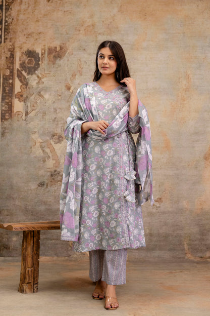 Pure Cotton Hand Work Angrakha Floral Kurta Pant Dupatta Set
