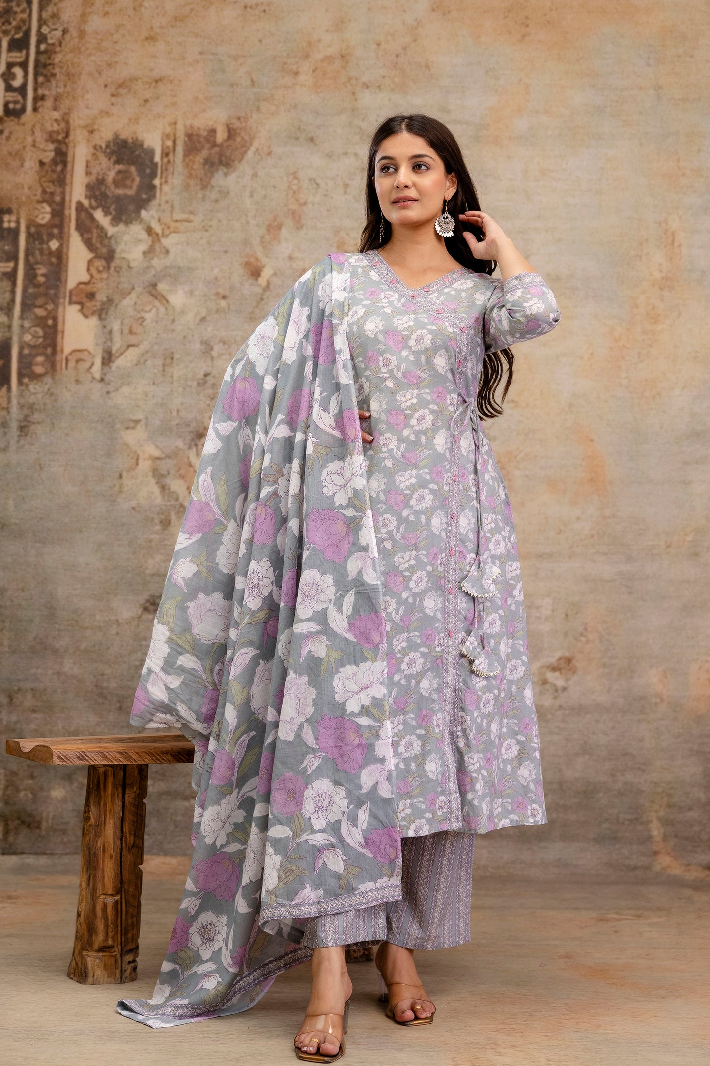 Pure Cotton Hand Work Angrakha Floral Kurta Pant Dupatta Set