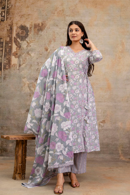 Pure Cotton Hand Work Angrakha Floral Kurta Pant Dupatta Set