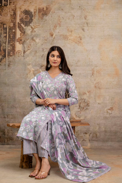 Pure Cotton Hand Work Angrakha Floral Kurta Pant Dupatta Set