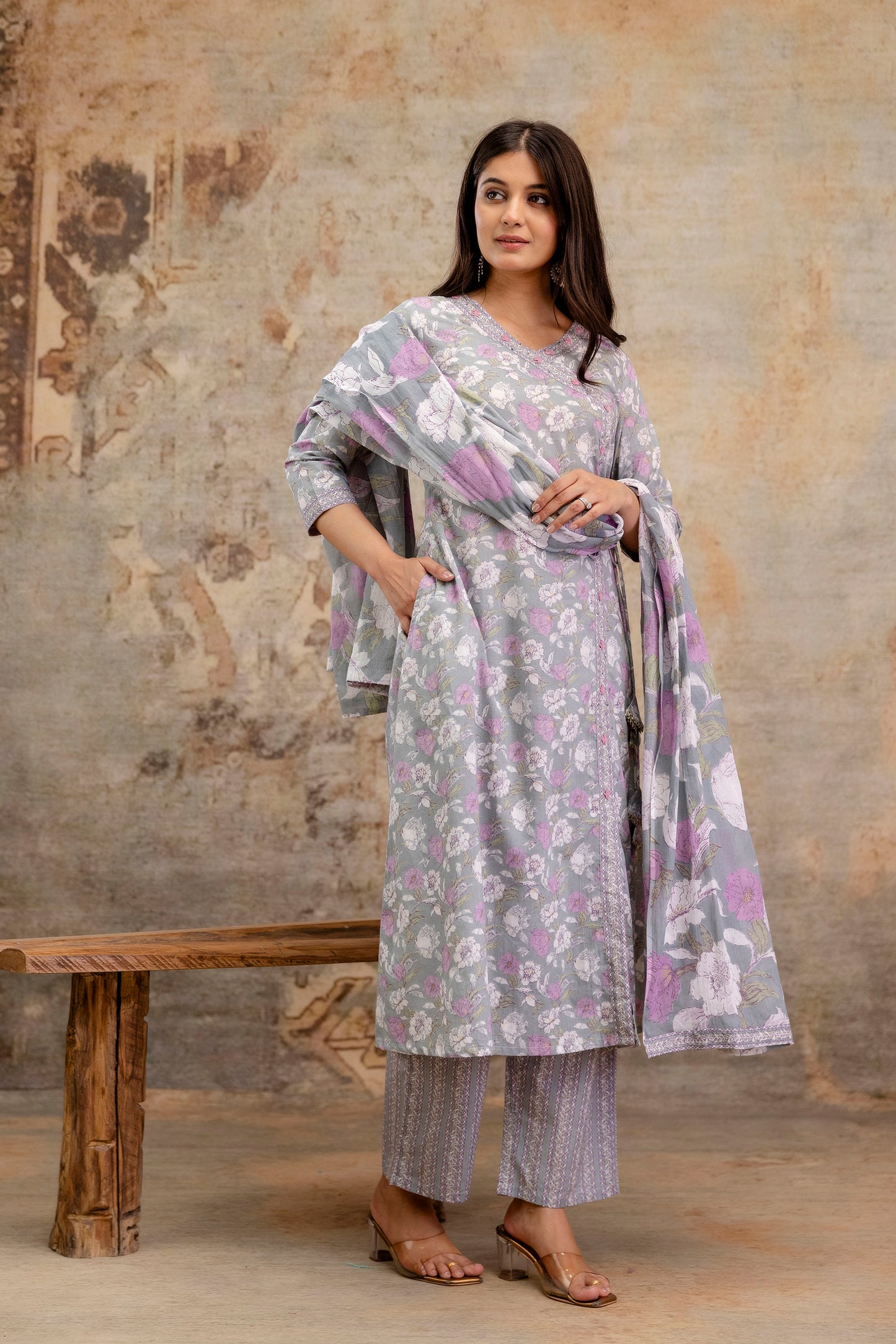 Pure Cotton Hand Work Angrakha Floral Kurta Pant Dupatta Set