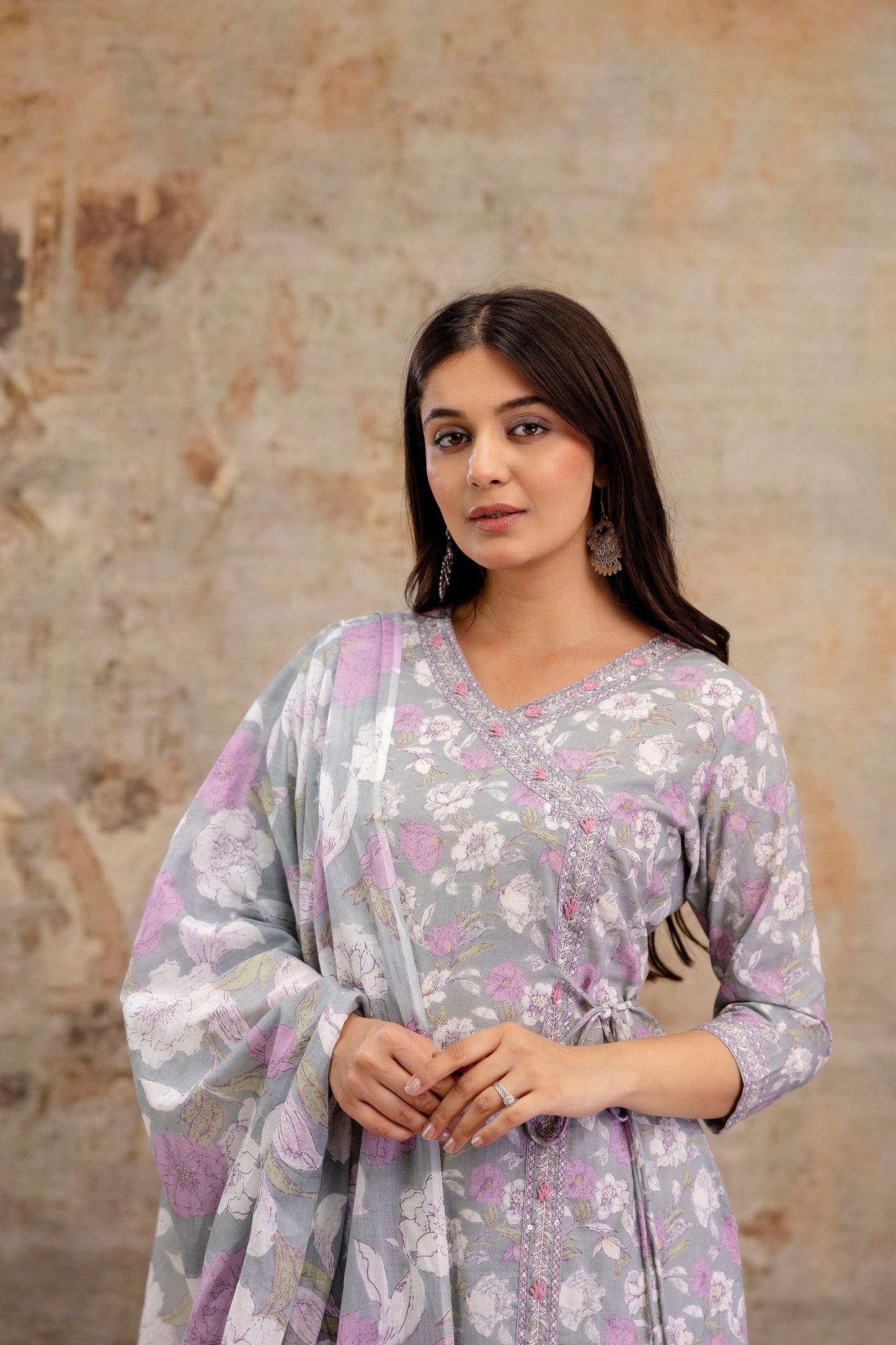 Pure Cotton Hand Work Angrakha Floral Kurta Pant Dupatta Set