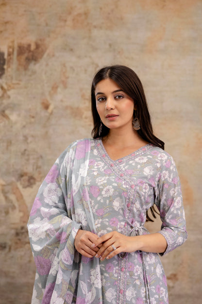 Pure Cotton Hand Work Angrakha Floral Kurta Pant Dupatta Set