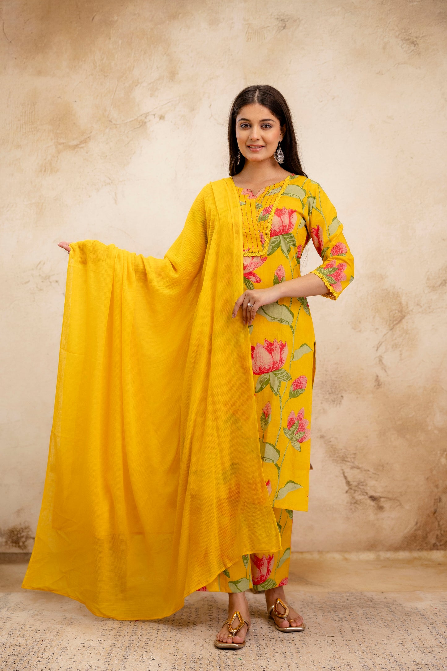 Pure Cotton Thread Work Kurta Pant Dupatta Set