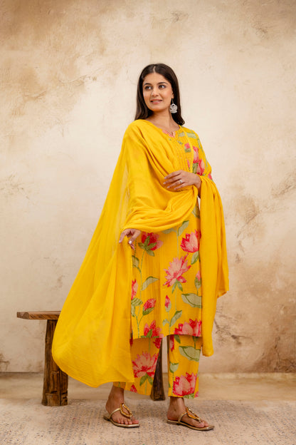 Pure Cotton Thread Work Kurta Pant Dupatta Set