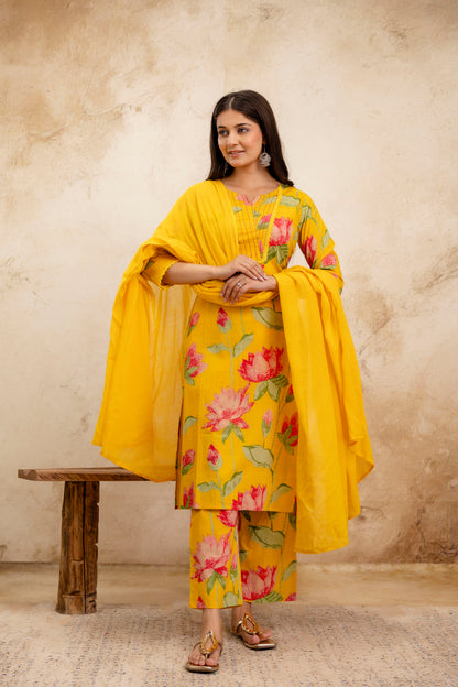 Pure Cotton Thread Work Kurta Pant Dupatta Set