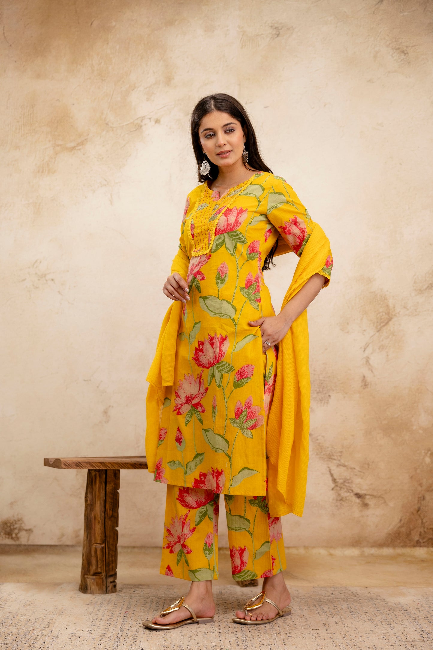 Pure Cotton Thread Work Kurta Pant Dupatta Set