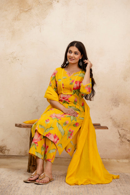 Pure Cotton Thread Work Kurta Pant Dupatta Set