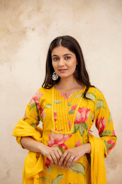 Pure Cotton Thread Work Kurta Pant Dupatta Set