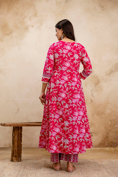 Pure Cotton Floral printed Hand work Kurta Pant Dupatta Set