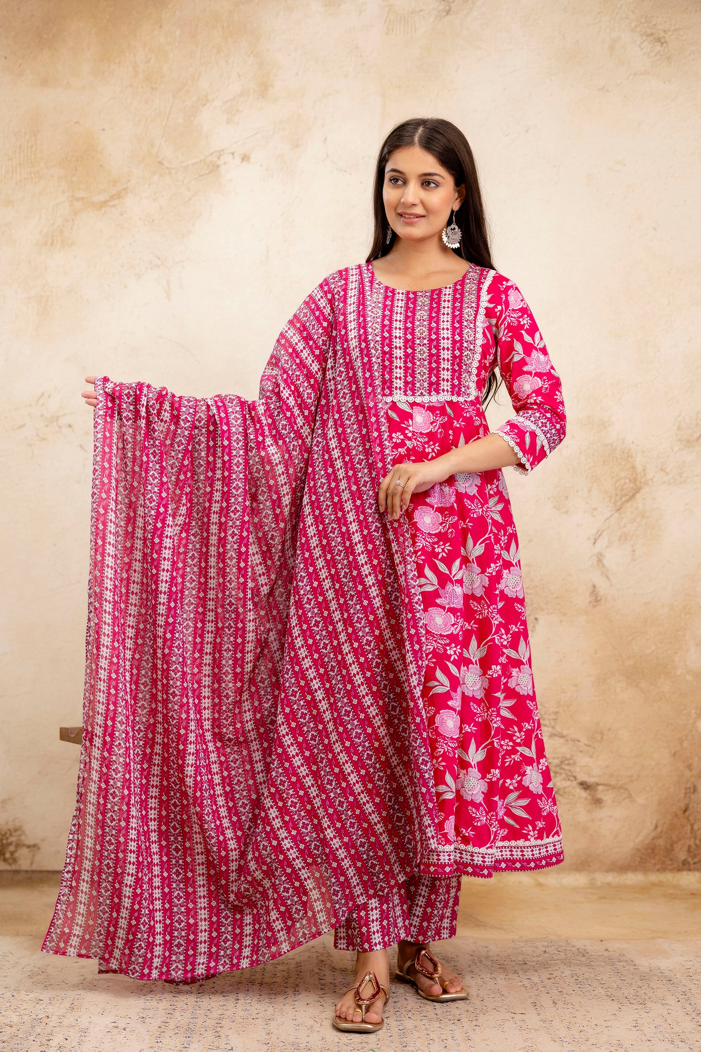 Pure Cotton Floral printed Hand work Kurta Pant Dupatta Set