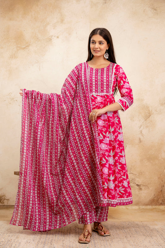 Pure Cotton Floral printed Hand work Kurta Pant Dupatta Set