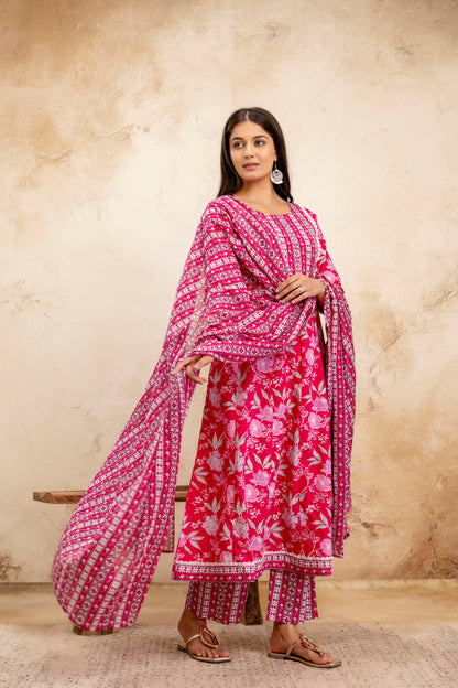 Pure Cotton Floral printed Hand work Kurta Pant Dupatta Set