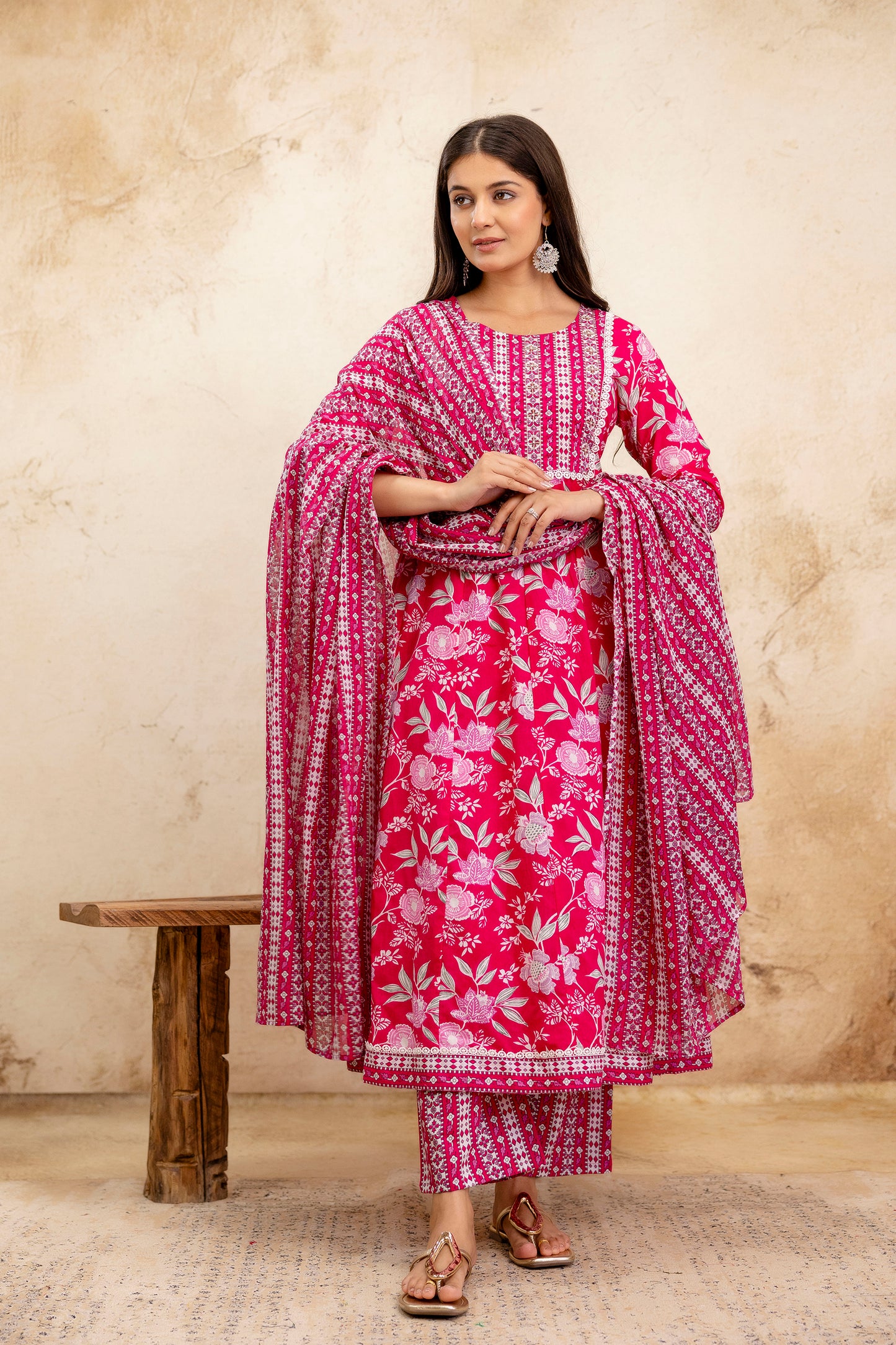 Pure Cotton Floral printed Hand work Kurta Pant Dupatta Set