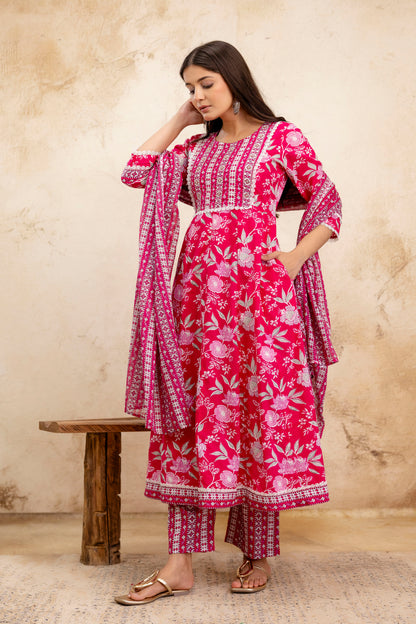 Pure Cotton Floral printed Hand work Kurta Pant Dupatta Set