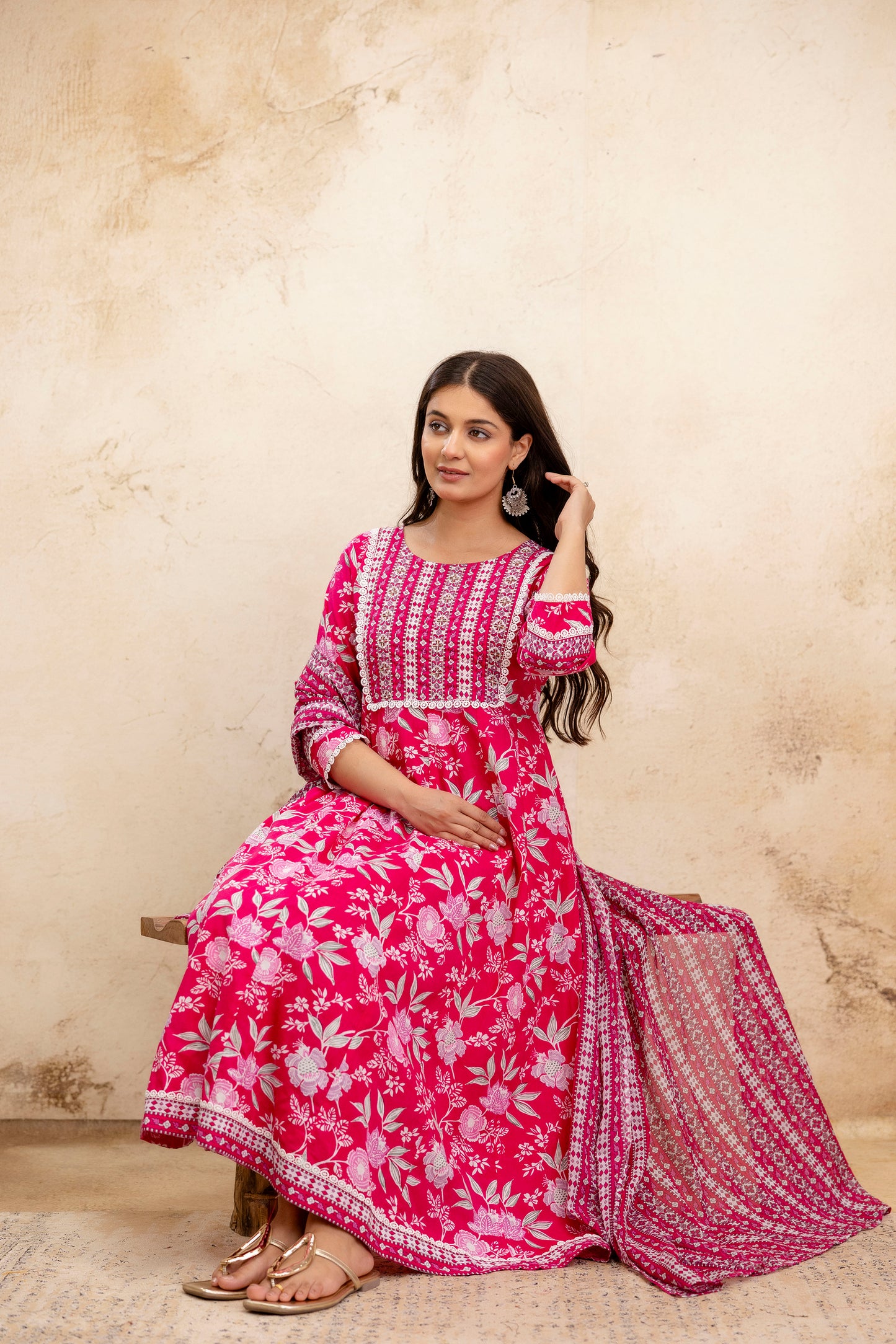 Pure Cotton Floral printed Hand work Kurta Pant Dupatta Set