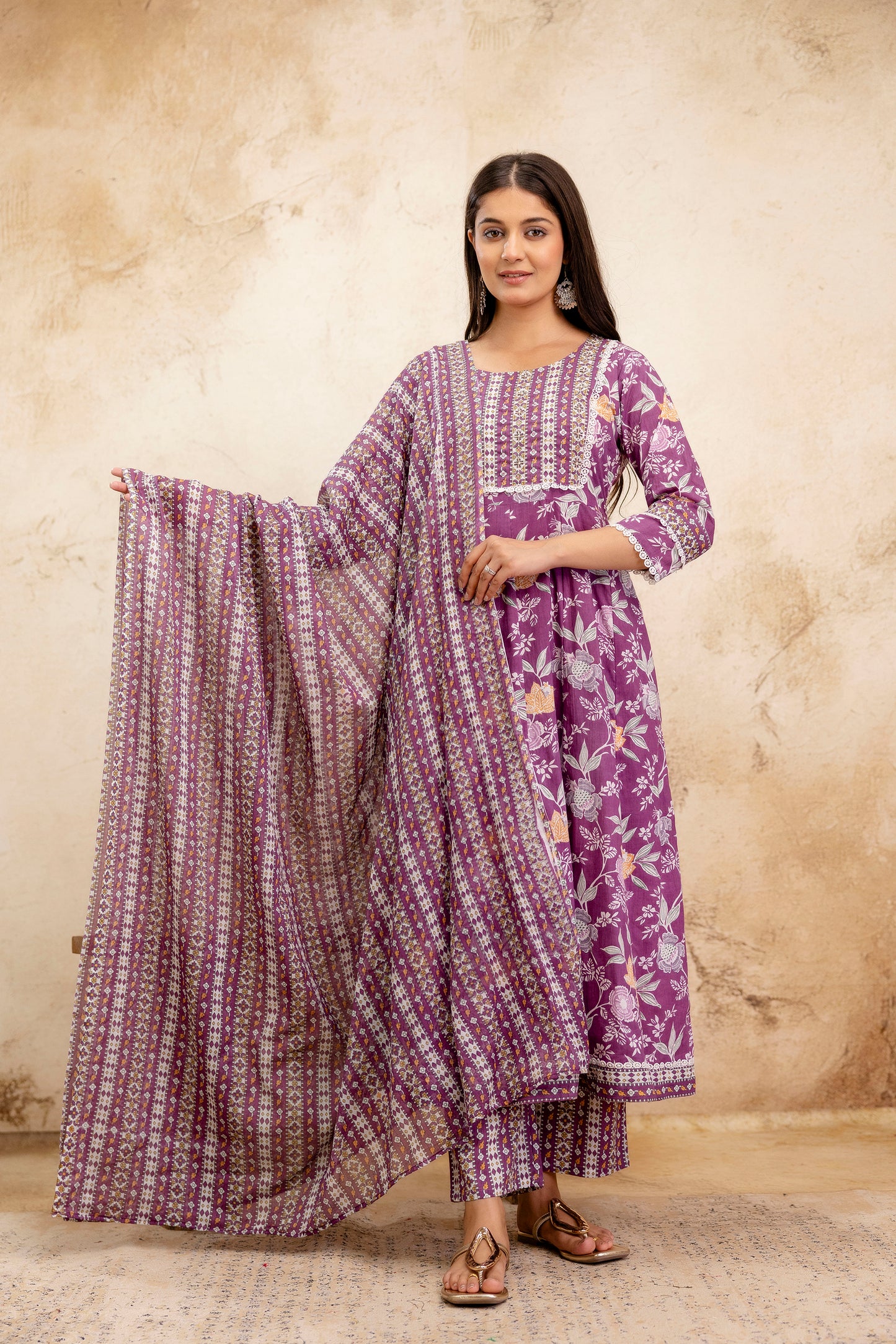 Pure Cotton Floral printed Hand work Kurta Pant Dupatta Set