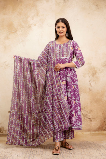 Pure Cotton Floral printed Hand work Kurta Pant Dupatta Set