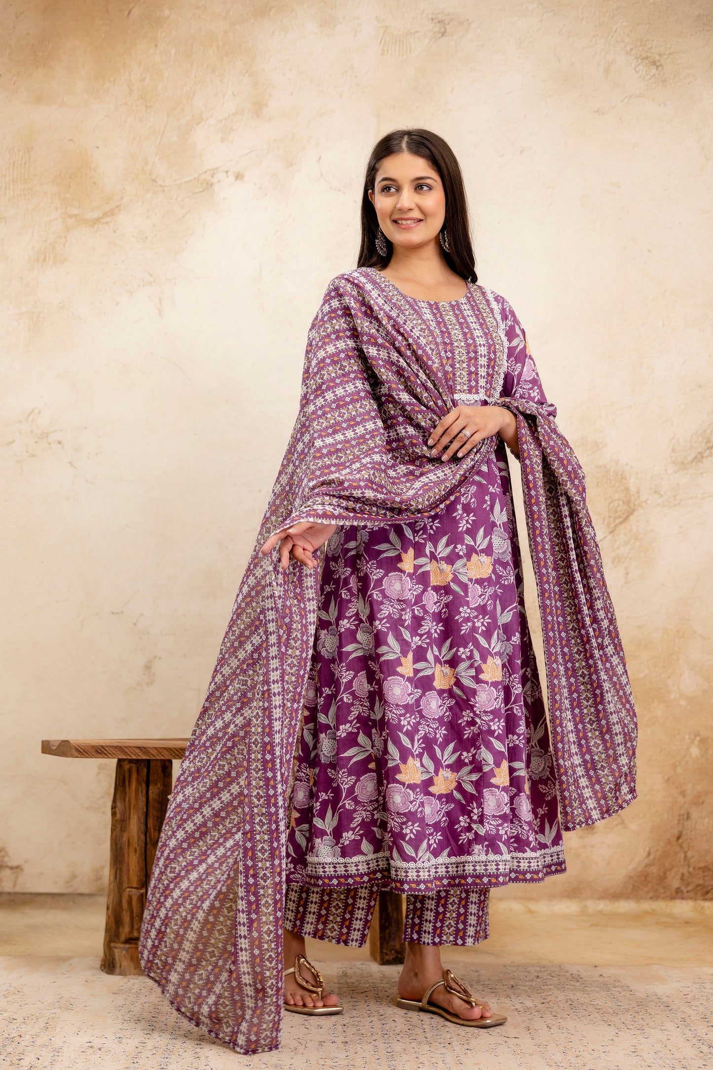 Pure Cotton Floral printed Hand work Kurta Pant Dupatta Set