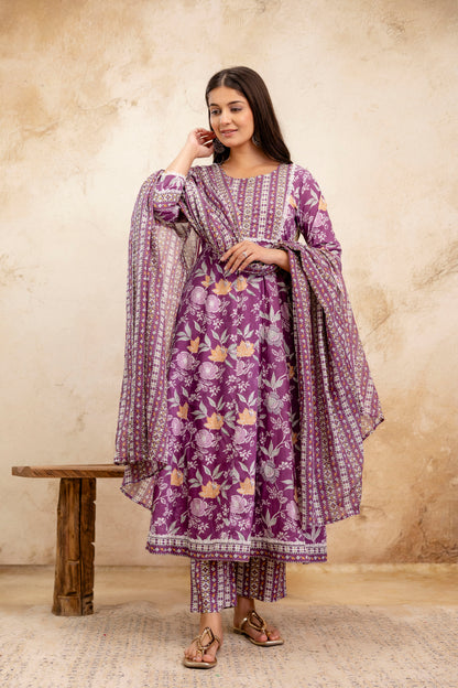 Pure Cotton Floral printed Hand work Kurta Pant Dupatta Set