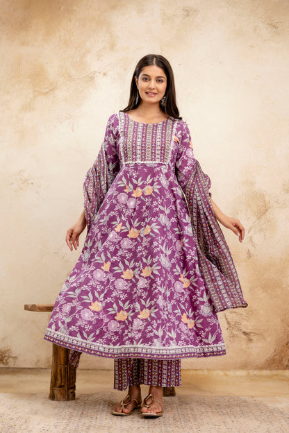 Pure Cotton Floral printed Hand work Kurta Pant Dupatta Set