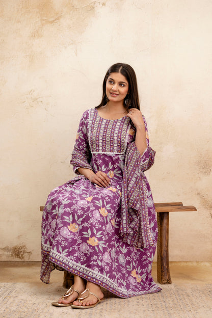Pure Cotton Floral printed Hand work Kurta Pant Dupatta Set