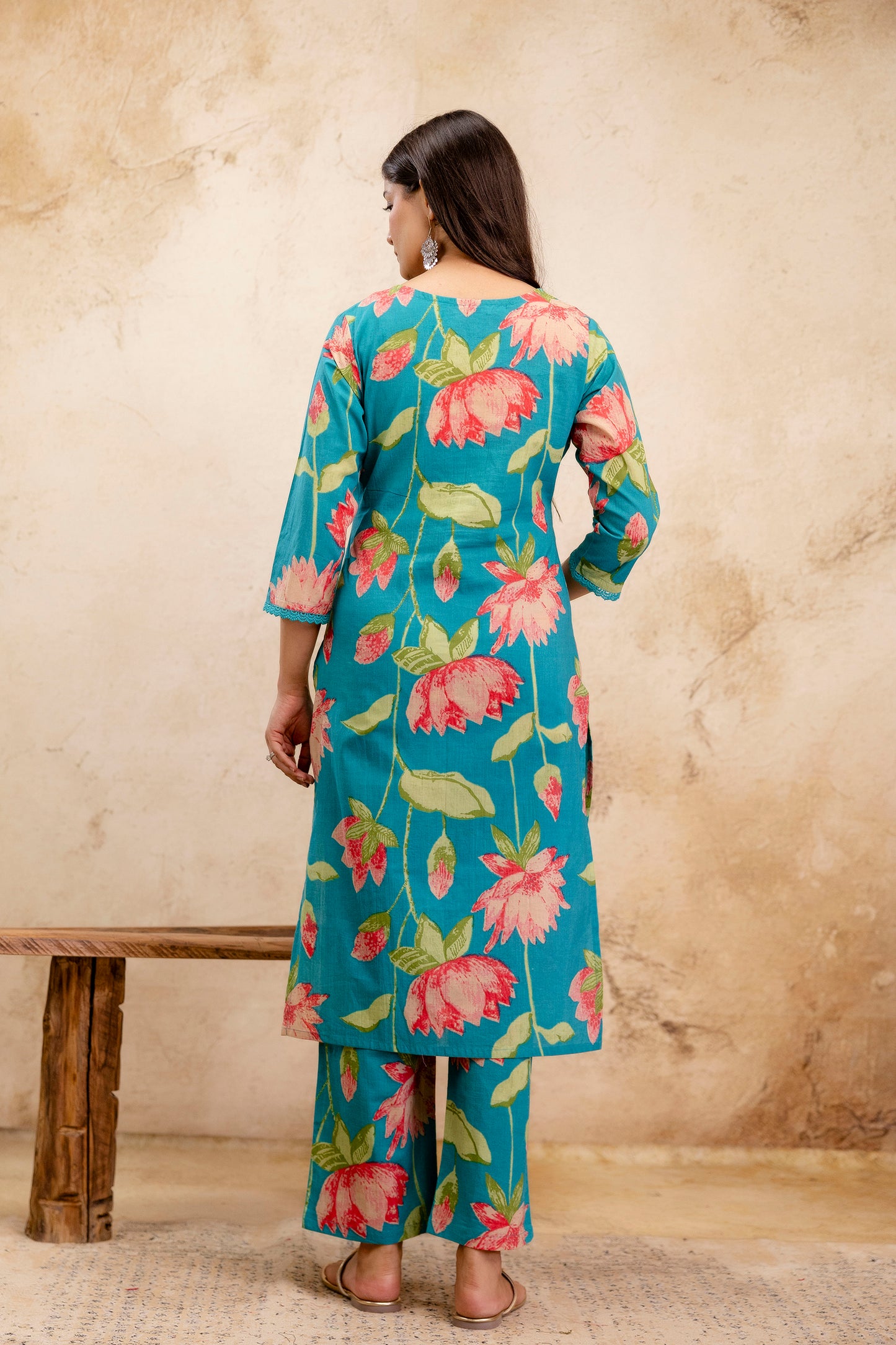 Pure Cotton Thread Work Kurta Pant Dupatta Set