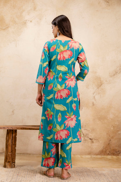 Pure Cotton Thread Work Kurta Pant Dupatta Set