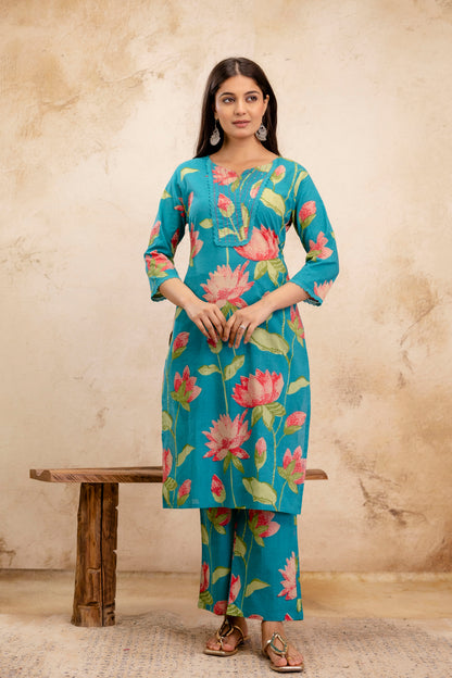 Pure Cotton Thread Work Kurta Pant Dupatta Set