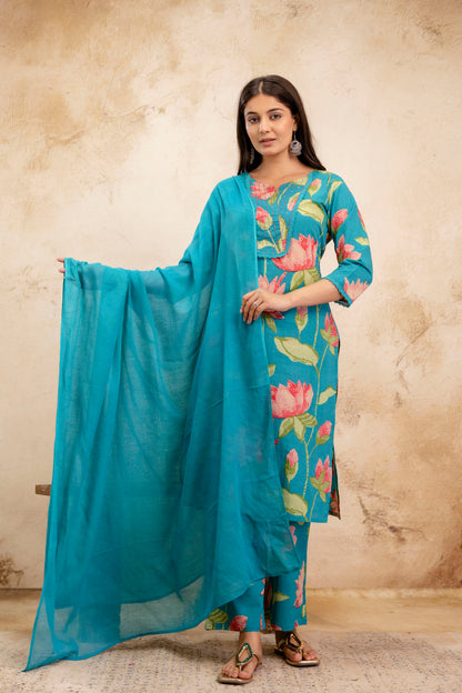 Pure Cotton Thread Work Kurta Pant Dupatta Set