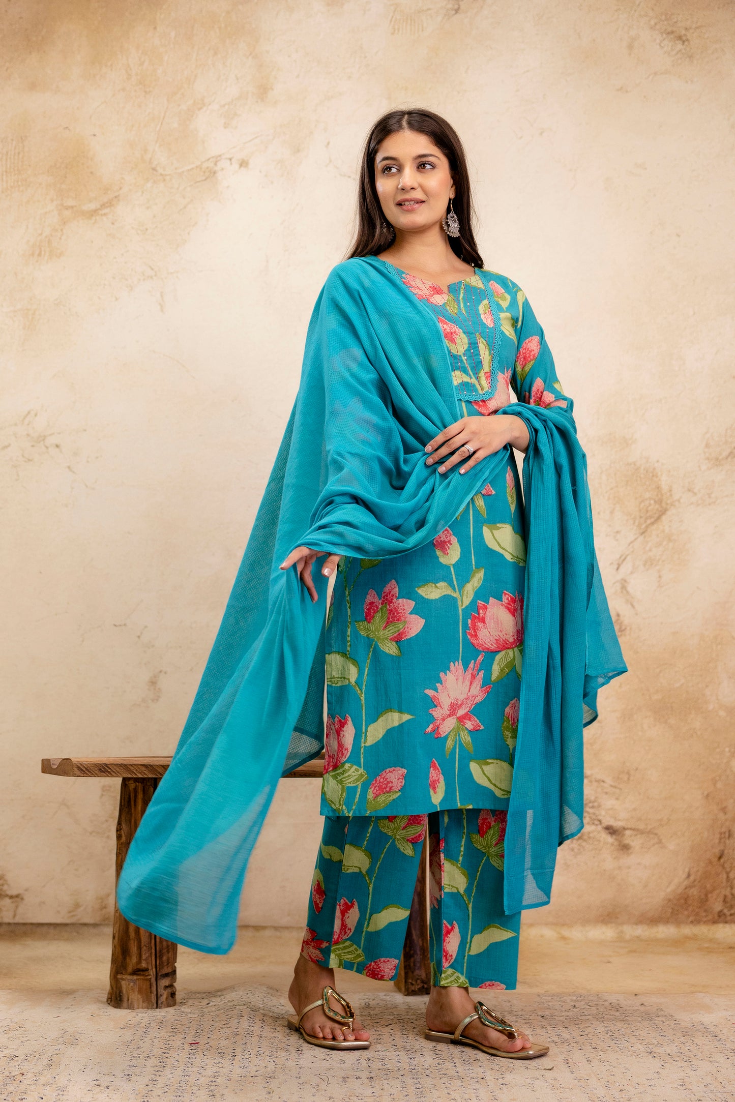 Pure Cotton Thread Work Kurta Pant Dupatta Set