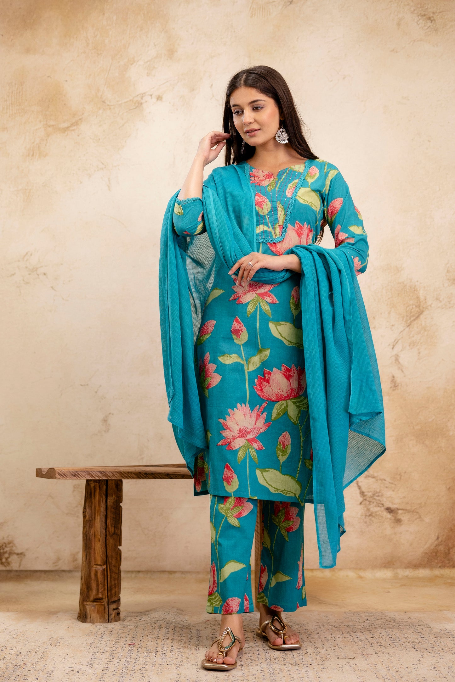 Pure Cotton Thread Work Kurta Pant Dupatta Set