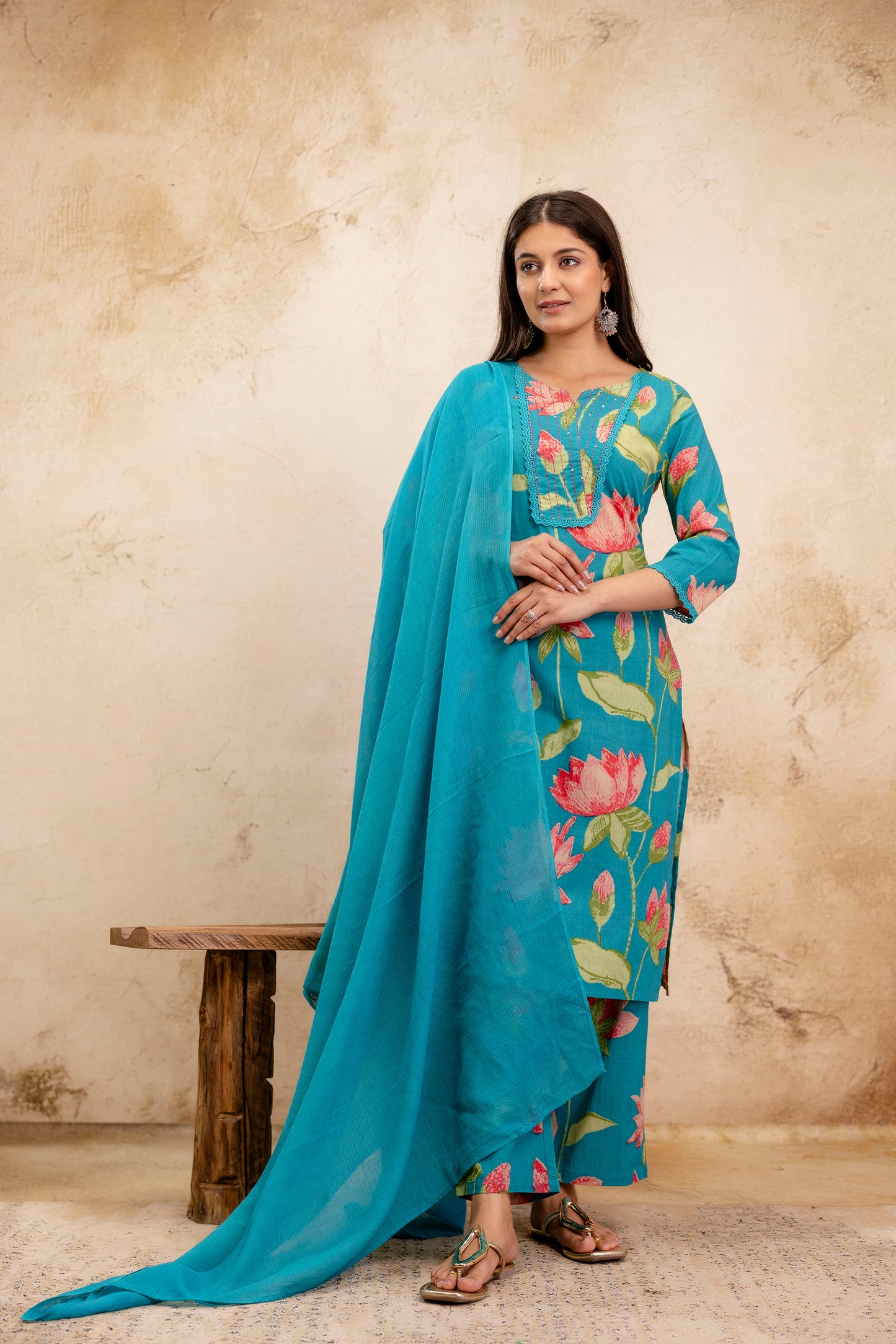 Pure Cotton Thread Work Kurta Pant Dupatta Set