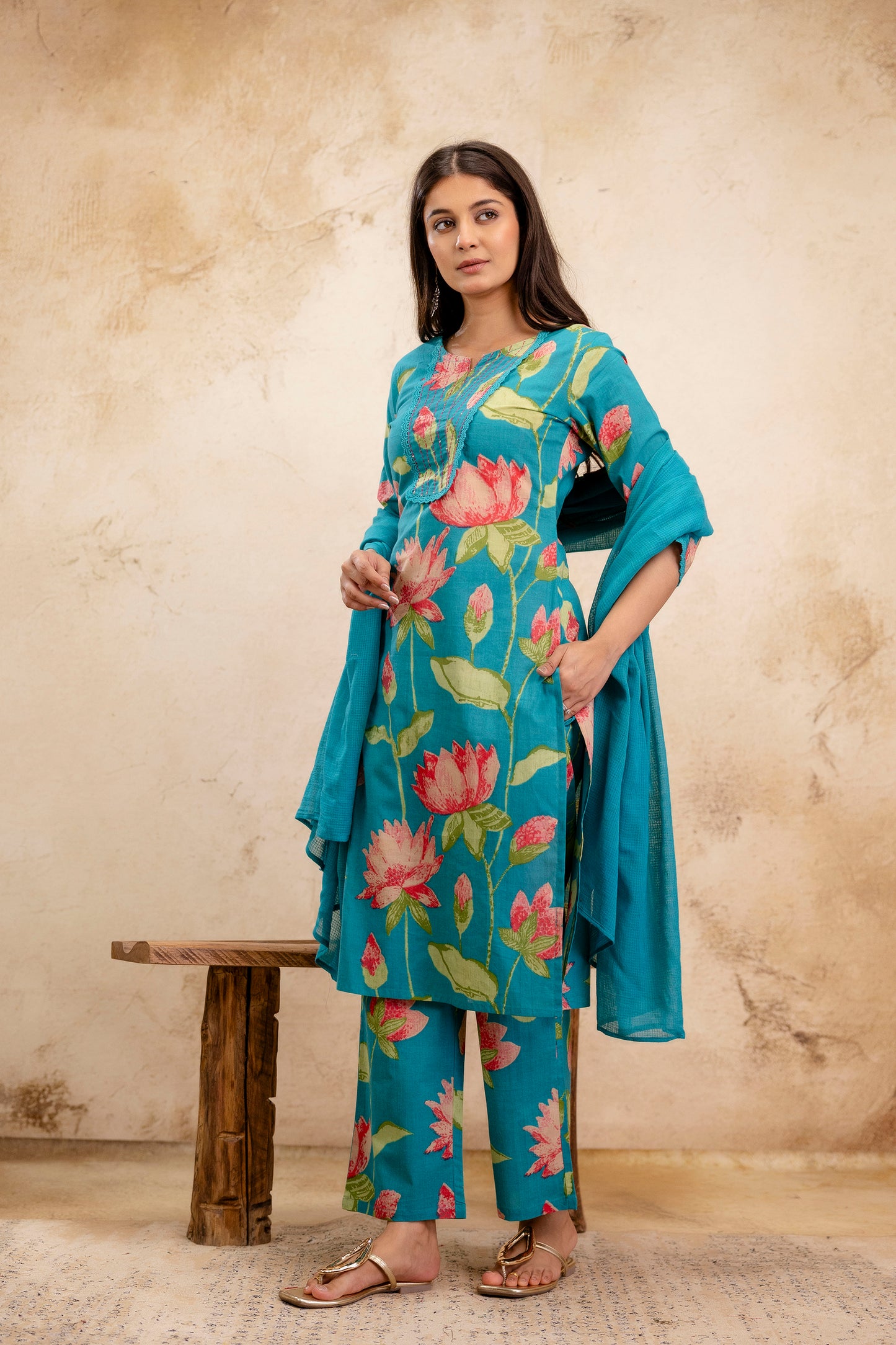 Pure Cotton Thread Work Kurta Pant Dupatta Set