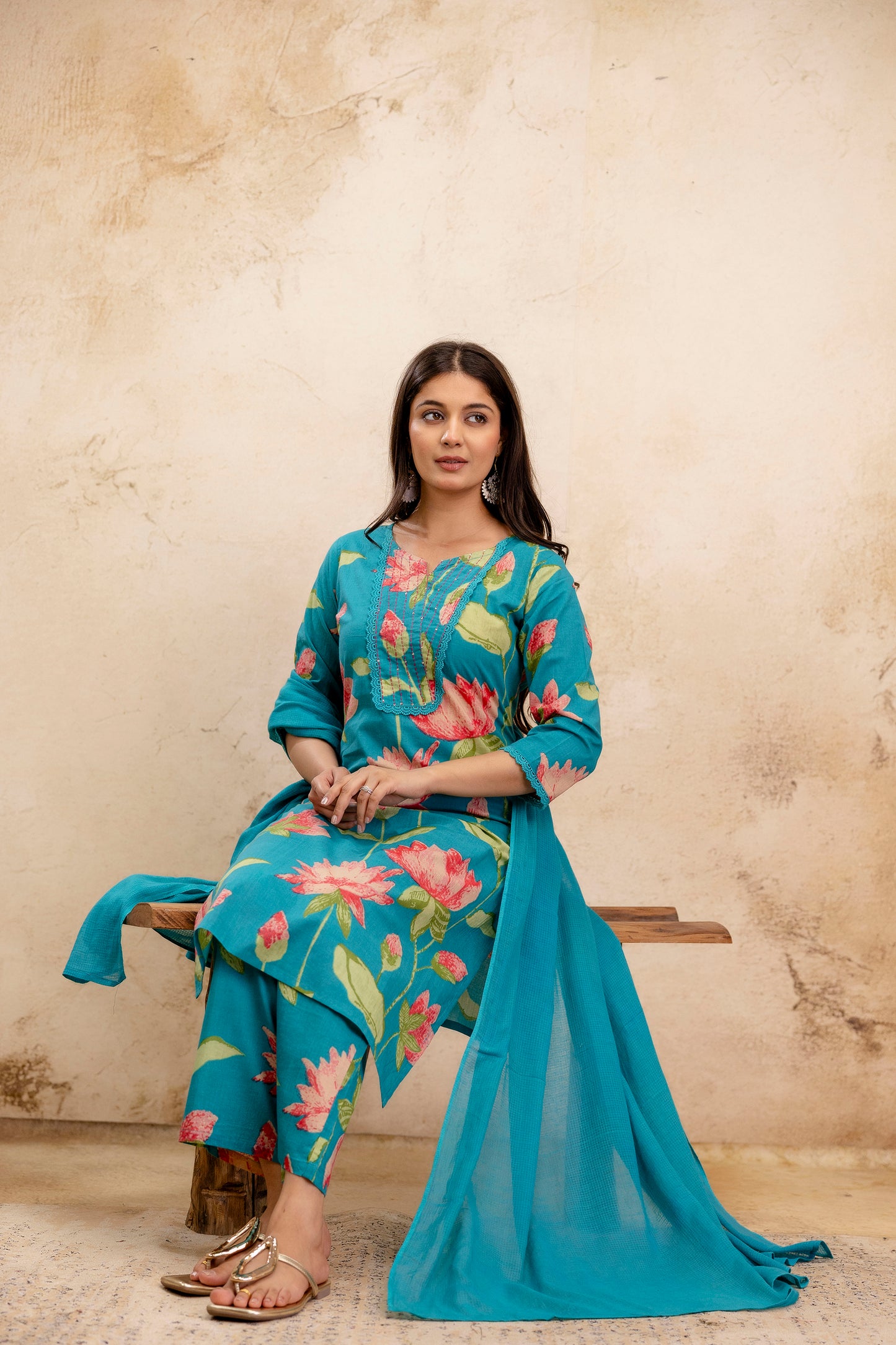 Pure Cotton Thread Work Kurta Pant Dupatta Set