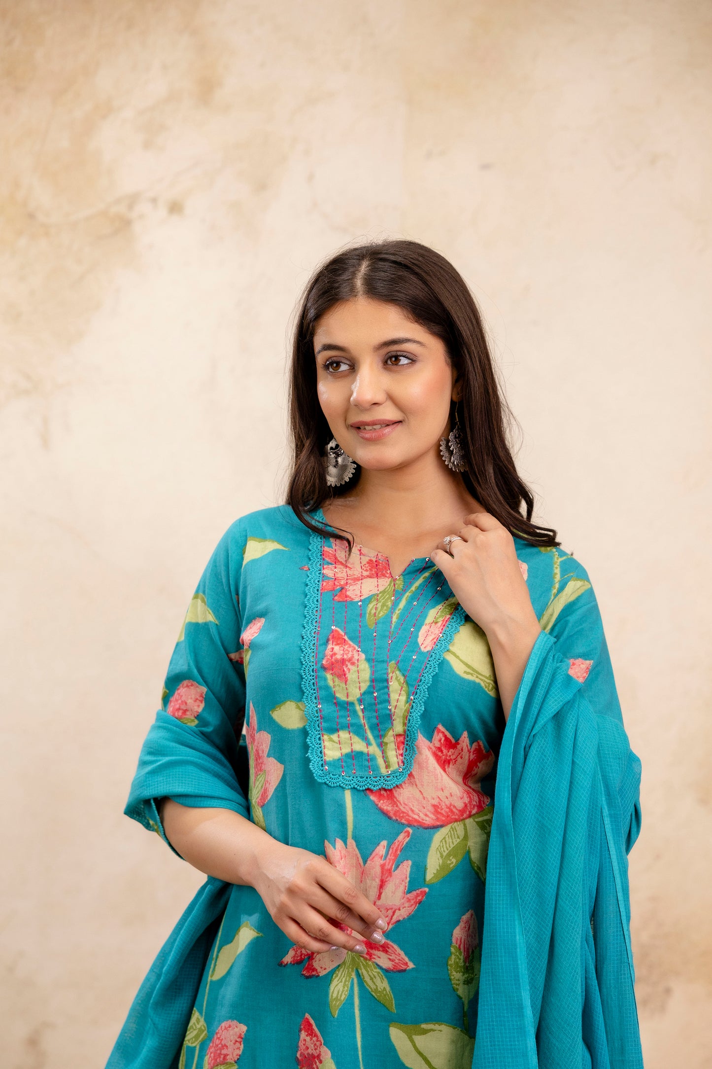 Pure Cotton Thread Work Kurta Pant Dupatta Set