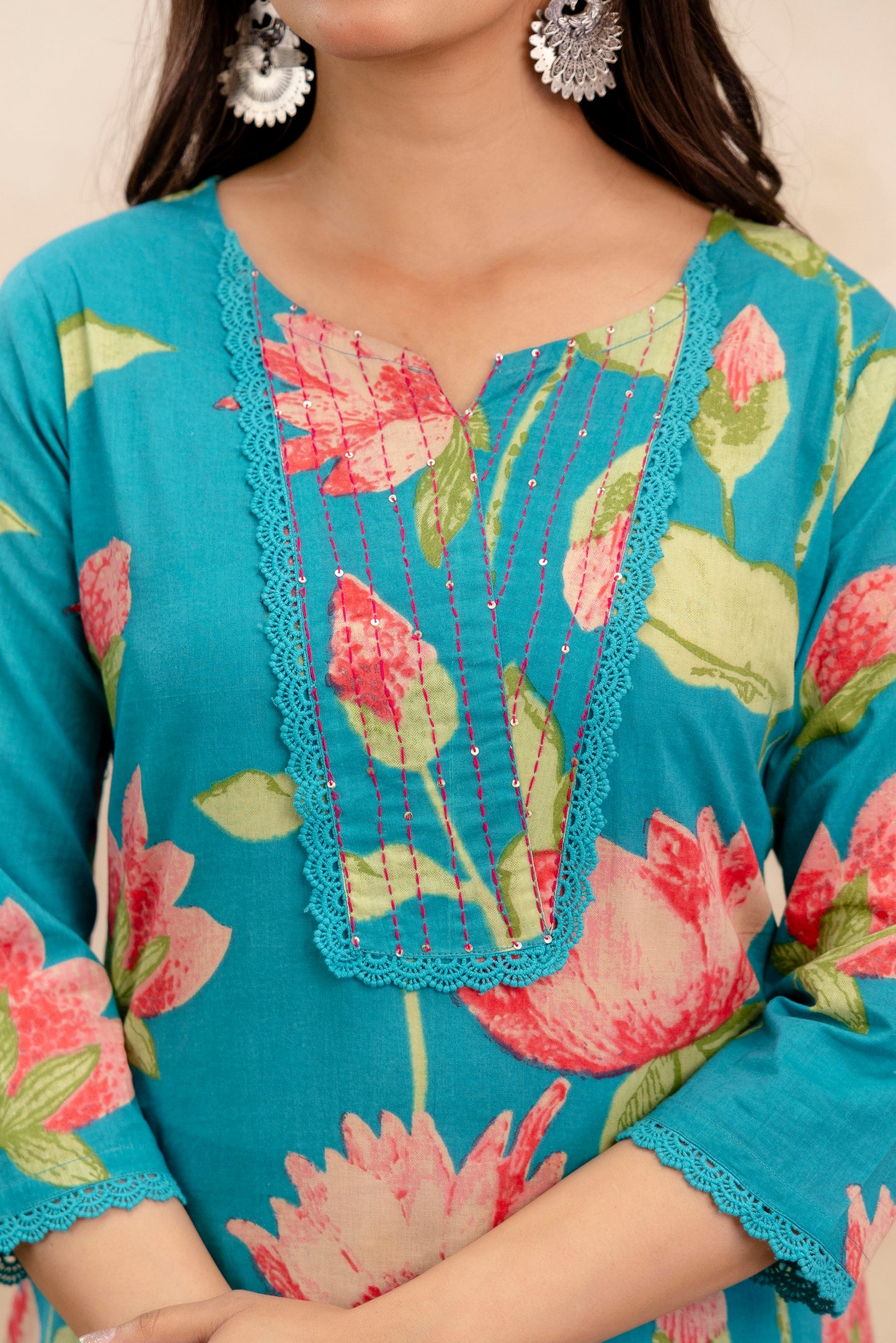 Pure Cotton Thread Work Kurta Pant Dupatta Set