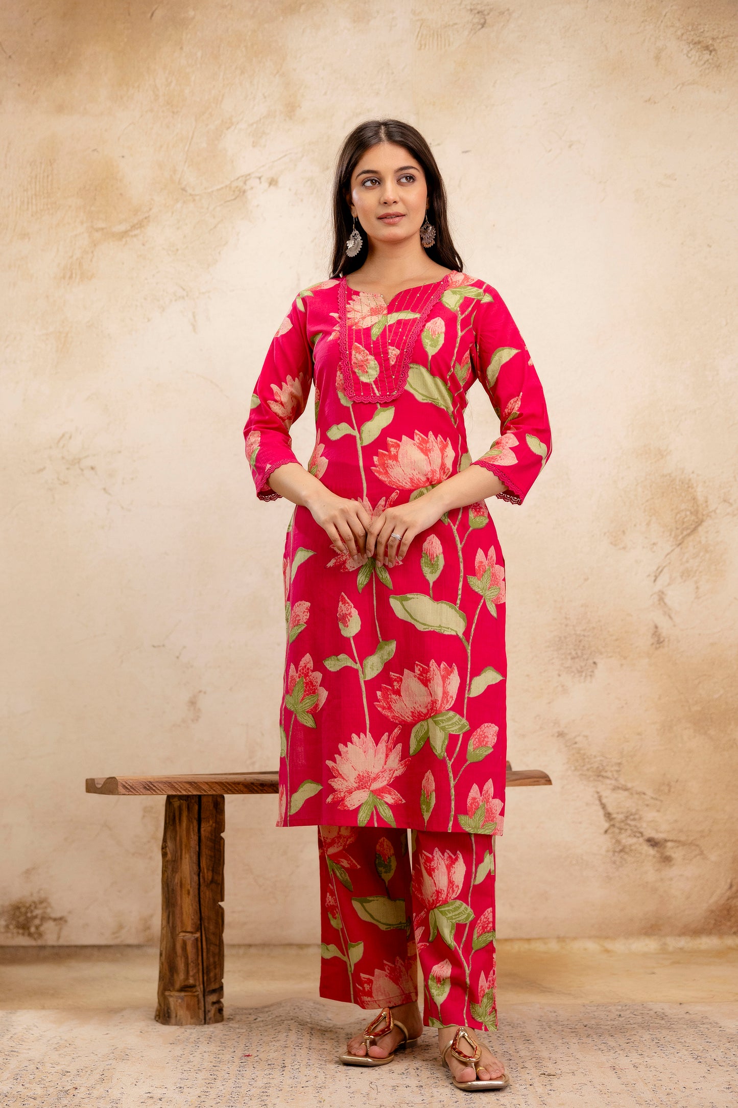 Pure Cotton Thread Work Kurta Pant Dupatta Set