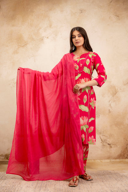 Pure Cotton Thread Work Kurta Pant Dupatta Set