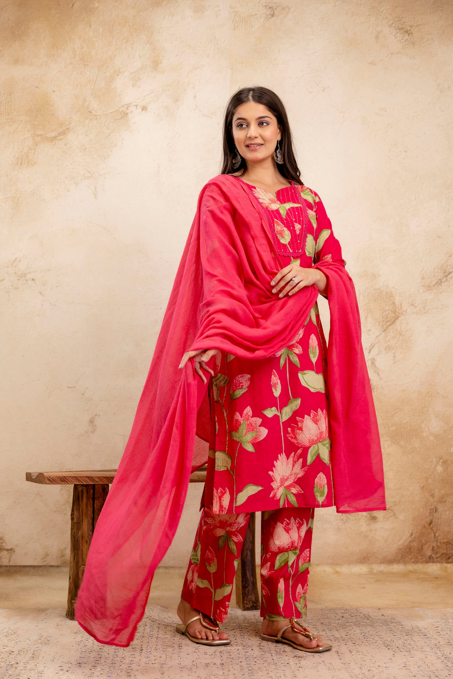 Pure Cotton Thread Work Kurta Pant Dupatta Set