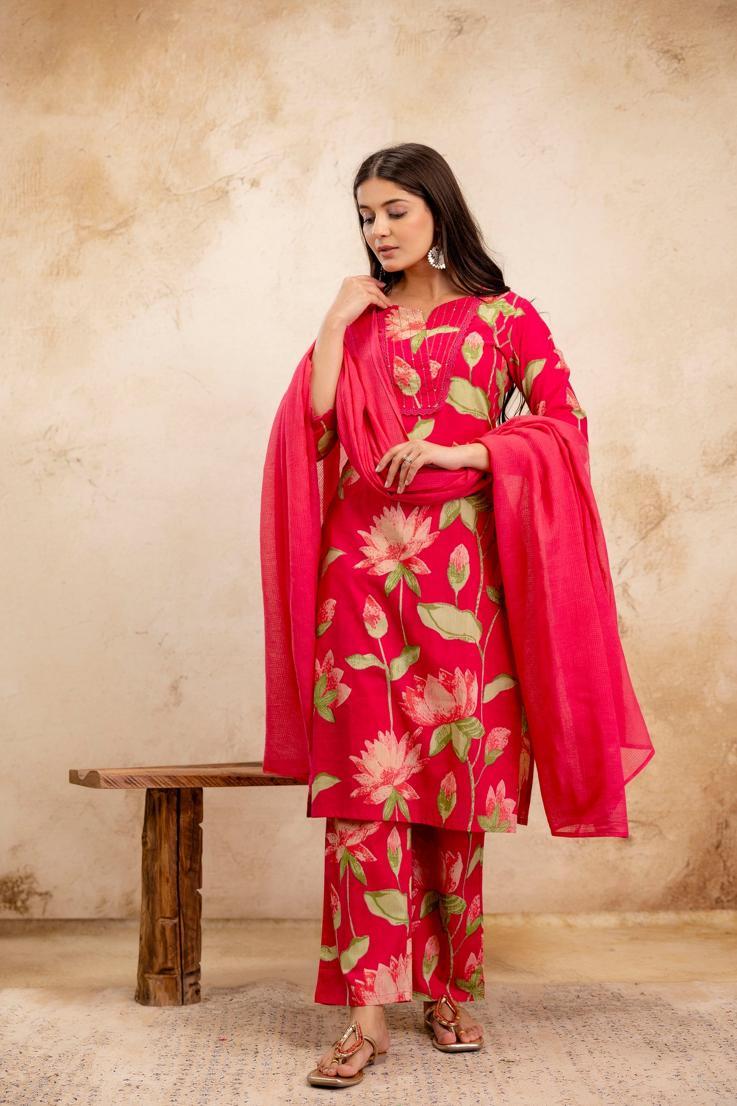 Pure Cotton Thread Work Kurta Pant Dupatta Set