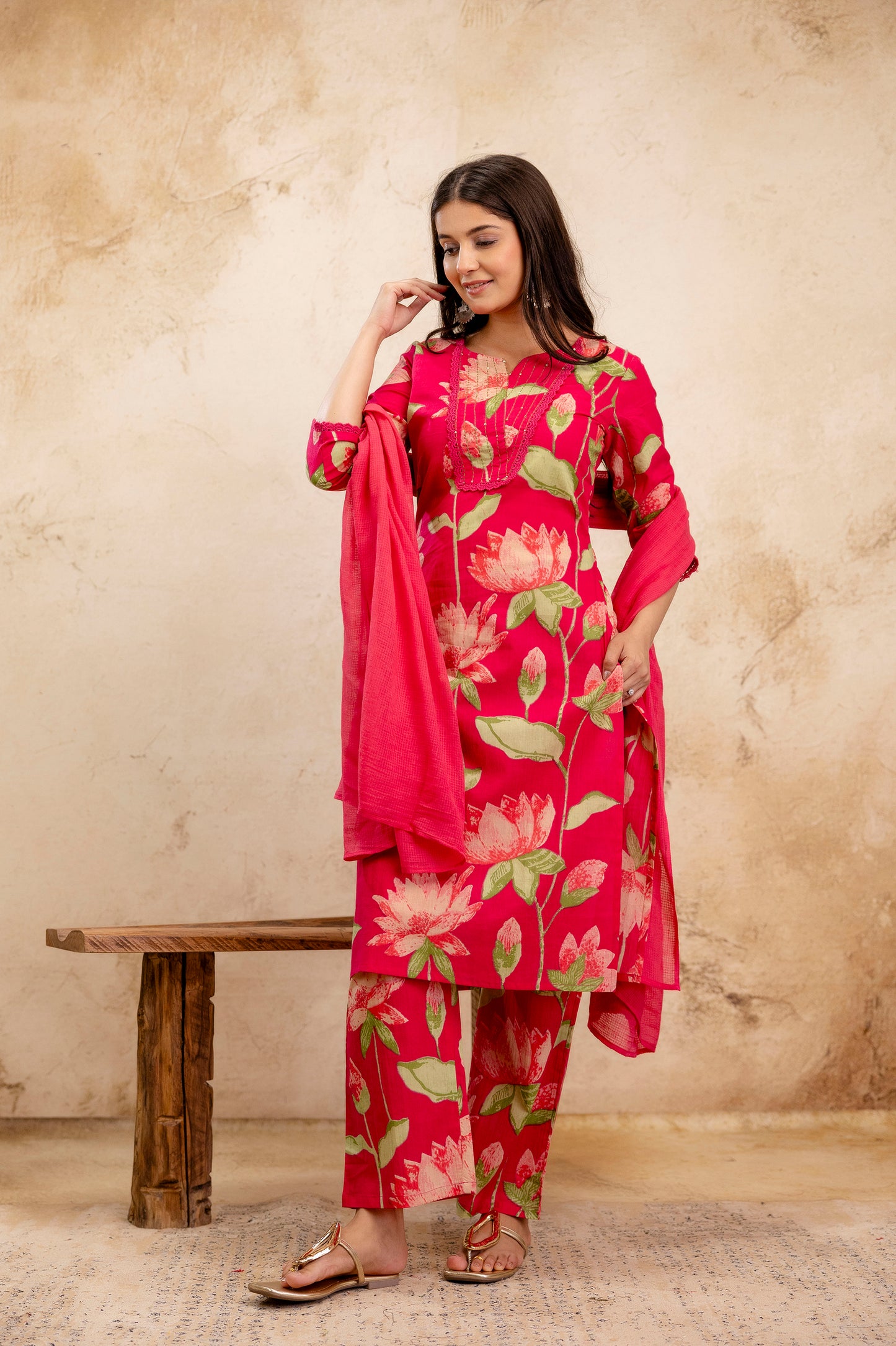 Pure Cotton Thread Work Kurta Pant Dupatta Set