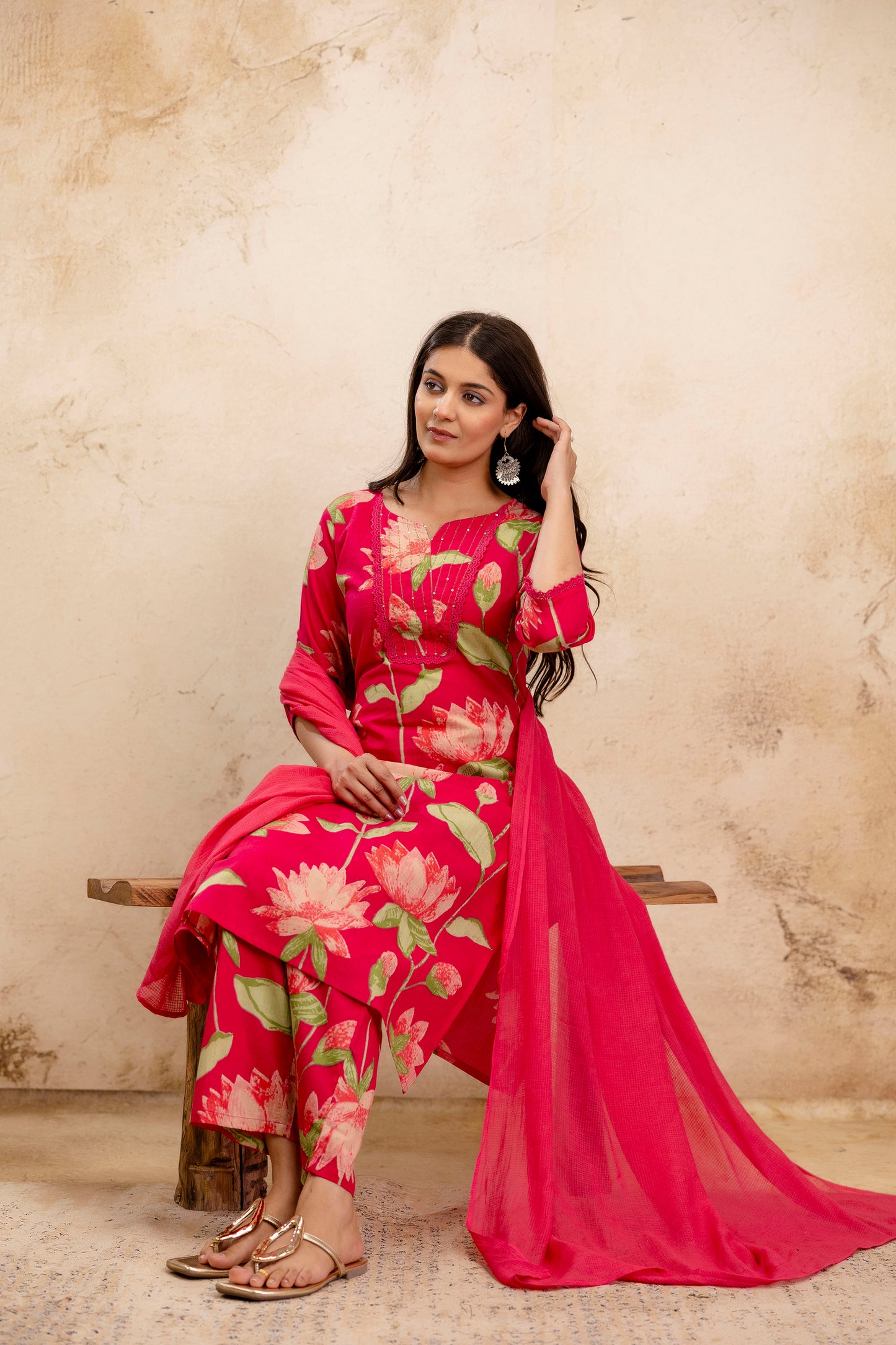 Pure Cotton Thread Work Kurta Pant Dupatta Set