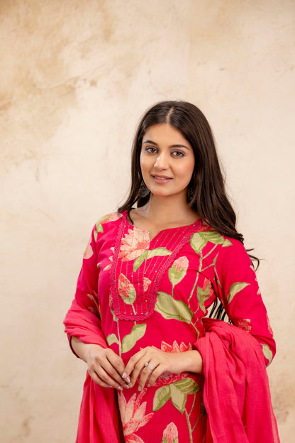 Pure Cotton Thread Work Kurta Pant Dupatta Set