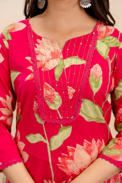 Pure Cotton Thread Work Kurta Pant Dupatta Set