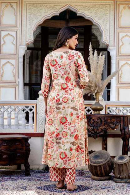 Pure cotton round neck hand-work kurta pant dupatta set