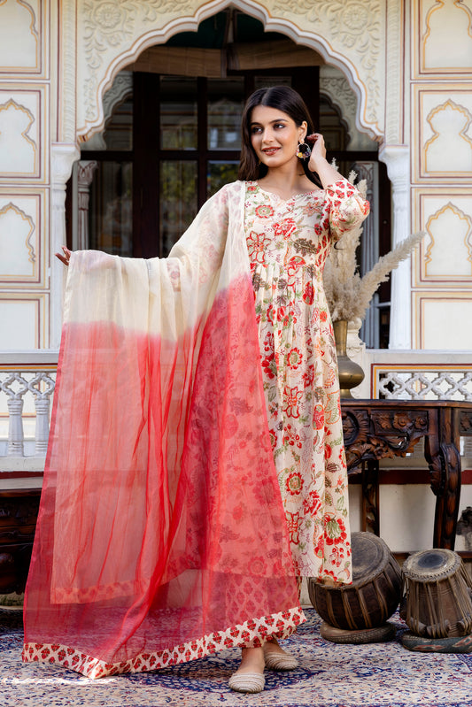 Pure cotton round neck hand-work kurta pant dupatta set