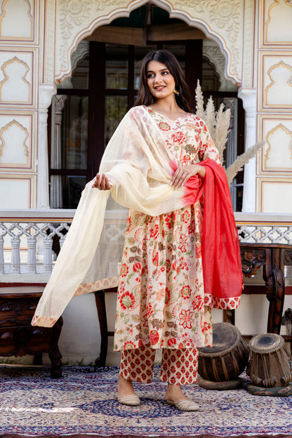 Pure cotton round neck hand-work kurta pant dupatta set